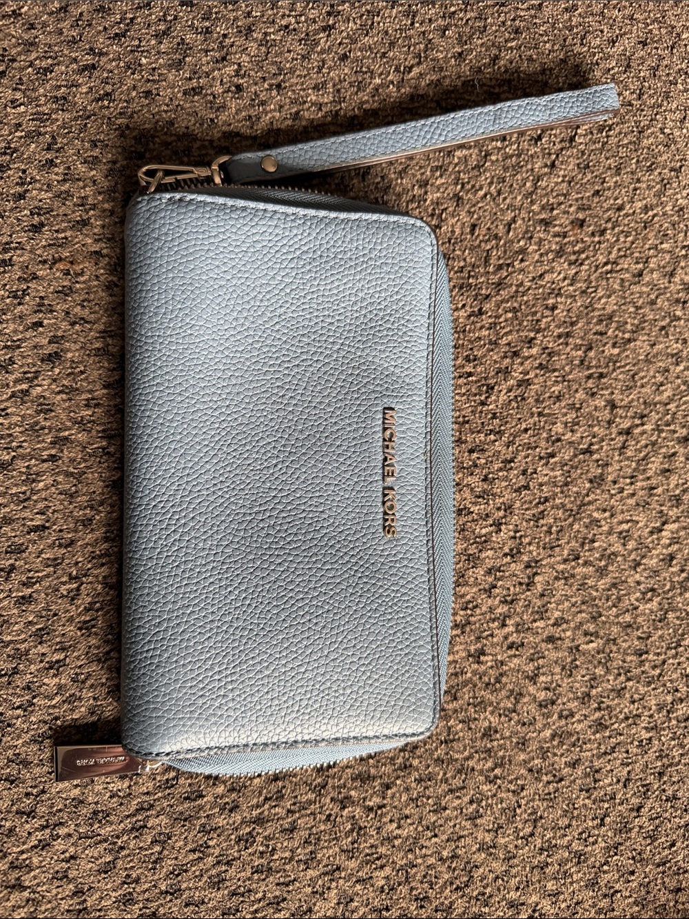 Michael Kors Sky Blue Pebbled Leather Zip Wristlet with Strap